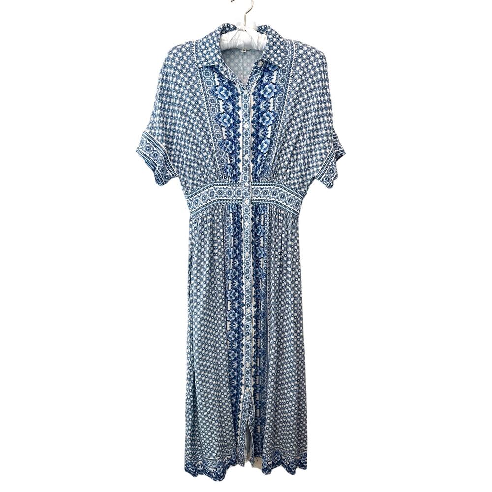 MAX STUDIO Blue White Floral Button Front Maxi Shirt Dress XS Resort Coastal